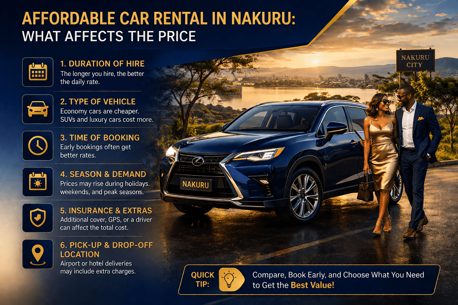 If you are looking for car hire in Nakuru, you need a service that is reliable, affordable, and easy to book, and that is exactly what our car hire in Nakuru service is built to offer. We understand that many travelers, residents, business people, and visitors are searching for dependable car hire in Nakuru for everyday movement, corporate trips, family travel, airport transfers, weddings, events, and weekend adventures. That is why our car hire in Nakuru options are designed to give you flexibility, comfort, and peace of mind. Whether you want a small fuel-efficient car, a stylish SUV, or a spacious vehicle for group travel, our car hire in Nakuru solutions are tailored to meet different budgets and travel needs. At the same time, our car rental in Nakuru packages are ideal for customers who want short-term or long-term transport without stress. With our trusted car rental in Nakuru service, you get access to clean vehicles, responsive support, and a smooth booking experience that makes every trip easier. Our goal is to make car hire in Nakuru simple and accessible for everyone who needs flexible transport. Many people searching online for car hire in Nakuru want a provider they can trust, and that is why we focus on professionalism, convenience, and customer satisfaction. Our car rental in Nakuru service is suitable for business professionals who need reliable transport for meetings, tourists who want to explore the beauty of Nakuru, couples planning weddings, and families looking for comfortable travel within and outside the town. When clients choose our car hire in Nakuru, they enjoy well-maintained vehicles, fair rates, and a booking process that saves time. Our car rental in Nakuru packages are also designed to be flexible enough for daily, weekly, and monthly needs, making our car rental in Nakuru service a smart option for both personal and corporate clients. If you have been comparing providers, you will see that choosing quality car hire in Nakuru can make a big difference in comfort, safety, and convenience. For customers who value affordability, our car hire in Nakuru packages are created to balance cost and quality. Many people searching for car rental in Nakuru are concerned about pricing, hidden costs, and vehicle condition, so we work hard to provide transparent, affordable, and reliable car rental in Nakuru options. Our car hire in Nakuru service is suitable for clients who need transport for one day, several days, or even longer periods, and our flexible plans make it easier to choose what fits best. Whether you are traveling for work, attending an event, planning a road trip, or simply need temporary transport, our car hire in Nakuru service gives you dependable options at competitive prices. Our car rental in Nakuru experience is built around convenience, giving clients the freedom to choose vehicles that match their budget and purpose. With so many people looking for affordable car hire in Nakuru and dependable car rental in Nakuru, we continue to provide a service that stands out through quality, trust, and consistency. Choosing the right car hire in Nakuru provider is important because transport plays a big role in the success of any trip. Our car hire in Nakuru service focuses on customer needs, offering vehicles that are clean, comfortable, and ready for the road. We know that customers booking car rental in Nakuru want a fast and easy process, and that is why our car rental in Nakuru experience is designed to reduce delays and confusion. From inquiries to booking confirmation and vehicle pickup, our car hire in Nakuru service aims to make every step clear and convenient. We also know that some customers need car hire in Nakuru for business travel, while others need car rental in Nakuru for family visits, tourism, events, or special occasions, so we keep our fleet and packages flexible. If you want professional service, dependable vehicles, and excellent customer support, then our car hire in Nakuru and car rental in Nakuru solutions are a strong choice. When it comes to dependable car hire in Nakuru, customer trust matters. That is why our car hire in Nakuru service is centered on reliability, punctuality, and professional support. We want every customer who chooses our car rental in Nakuru service to feel confident from the moment they make an inquiry to the time they complete their journey. Our car rental in Nakuru packages are designed for people who want flexibility and convenience, while our car hire in Nakuru options are suitable for a wide range of needs including self-drive, chauffeur-driven trips, airport pickups, executive travel, and event transport. Many customers searching for premium car hire in Nakuru want more than just a vehicle, they want assurance that the car will be available, clean, road-ready, and supported by a responsive team. That is exactly what our car rental in Nakuru service is committed to providing every day. If you need trusted car hire in Nakuru, affordable car hire in Nakuru, or flexible car rental in Nakuru, our service is ready to meet your expectations. We continue to improve our car hire in Nakuru experience so that clients can enjoy safe, convenient, and professional transport at all times. Our car rental in Nakuru solutions are built for individuals, families, tourists, and businesses that need dependable mobility without unnecessary complications. From daily use to long-term travel needs, our car hire in Nakuru and car rental in Nakuru services are designed to deliver comfort, reliability, and value. For anyone searching online for the best car hire in Nakuru or the most convenient car rental in Nakuru, we are here to provide a smooth experience, quality vehicles, and service you can trust.If you are looking for car hire in Nakuru, you need a service that is reliable, affordable, and easy to book, and that is exactly what our car hire in Nakuru service is built to offer. We understand that many travelers, residents, business people, and visitors are searching for dependable car hire in Nakuru for everyday movement, corporate trips, family travel, airport transfers, weddings, events, and weekend adventures. That is why our car hire in Nakuru options are designed to give you flexibility, comfort, and peace of mind. Whether you want a small fuel-efficient car, a stylish SUV, or a spacious vehicle for group travel, our car hire in Nakuru solutions are tailored to meet different budgets and travel needs. At the same time, our car rental in Nakuru packages are ideal for customers who want short-term or long-term transport without stress. With our trusted car rental in Nakuru service, you get access to clean vehicles, responsive support, and a smooth booking experience that makes every trip easier. Our goal is to make car hire in Nakuru simple and accessible for everyone who needs flexible transport. Many people searching online for car hire in Nakuru want a provider they can trust, and that is why we focus on professionalism, convenience, and customer satisfaction. Our car rental in Nakuru service is suitable for business professionals who need reliable transport for meetings, tourists who want to explore the beauty of Nakuru, couples planning weddings, and families looking for comfortable travel within and outside the town. When clients choose our car hire in Nakuru, they enjoy well-maintained vehicles, fair rates, and a booking process that saves time. Our car rental in Nakuru packages are also designed to be flexible enough for daily, weekly, and monthly needs, making our car rental in Nakuru service a smart option for both personal and corporate clients. If you have been comparing providers, you will see that choosing quality car hire in Nakuru can make a big difference in comfort, safety, and convenience. For customers who value affordability, our car hire in Nakuru packages are created to balance cost and quality. Many people searching for car rental in Nakuru are concerned about pricing, hidden costs, and vehicle condition, so we work hard to provide transparent, affordable, and reliable car rental in Nakuru options. Our car hire in Nakuru service is suitable for clients who need transport for one day, several days, or even longer periods, and our flexible plans make it easier to choose what fits best. Whether you are traveling for work, attending an event, planning a road trip, or simply need temporary transport, our car hire in Nakuru service gives you dependable options at competitive prices. Our car rental in Nakuru experience is built around convenience, giving clients the freedom to choose vehicles that match their budget and purpose. With so many people looking for affordable car hire in Nakuru and dependable car rental in Nakuru, we continue to provide a service that stands out through quality, trust, and consistency. Choosing the right car hire in Nakuru provider is important because transport plays a big role in the success of any trip. Our car hire in Nakuru service focuses on customer needs, offering vehicles that are clean, comfortable, and ready for the road. We know that customers booking car rental in Nakuru want a fast and easy process, and that is why our car rental in Nakuru experience is designed to reduce delays and confusion. From inquiries to booking confirmation and vehicle pickup, our car hire in Nakuru service aims to make every step clear and convenient. We also know that some customers need car hire in Nakuru for business travel, while others need car rental in Nakuru for family visits, tourism, events, or special occasions, so we keep our fleet and packages flexible. If you want professional service, dependable vehicles, and excellent customer support, then our car hire in Nakuru and car rental in Nakuru solutions are a strong choice. When it comes to dependable car hire in Nakuru, customer trust matters. That is why our car hire in Nakuru service is centered on reliability, punctuality, and professional support. We want every customer who chooses our car rental in Nakuru service to feel confident from the moment they make an inquiry to the time they complete their journey. Our car rental in Nakuru packages are designed for people who want flexibility and convenience, while our car hire in Nakuru options are suitable for a wide range of needs including self-drive, chauffeur-driven trips, airport pickups, executive travel, and event transport. Many customers searching for premium car hire in Nakuru want more than just a vehicle, they want assurance that the car will be available, clean, road-ready, and supported by a responsive team. That is exactly what our car rental in Nakuru service is committed to providing every day. If you need trusted car hire in Nakuru, affordable car hire in Nakuru, or flexible car rental in Nakuru, our service is ready to meet your expectations. We continue to improve our car hire in Nakuru experience so that clients can enjoy safe, convenient, and professional transport at all times. Our car rental in Nakuru solutions are built for individuals, families, tourists, and businesses that need dependable mobility without unnecessary complications. From daily use to long-term travel needs, our car hire in Nakuru and car rental in Nakuru services are designed to deliver comfort, reliability, and value. For anyone searching online for the best car hire in Nakuru or the most convenient car rental in Nakuru, we are here to provide a smooth experience, quality vehicles, and service you can trust.